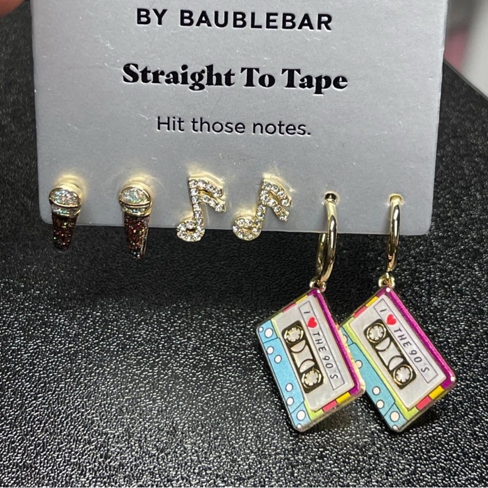 BAUBLEBAR SUGARFIX 3 pair Microphone Music
Notes Cassette Tape 90s Earrings NWT